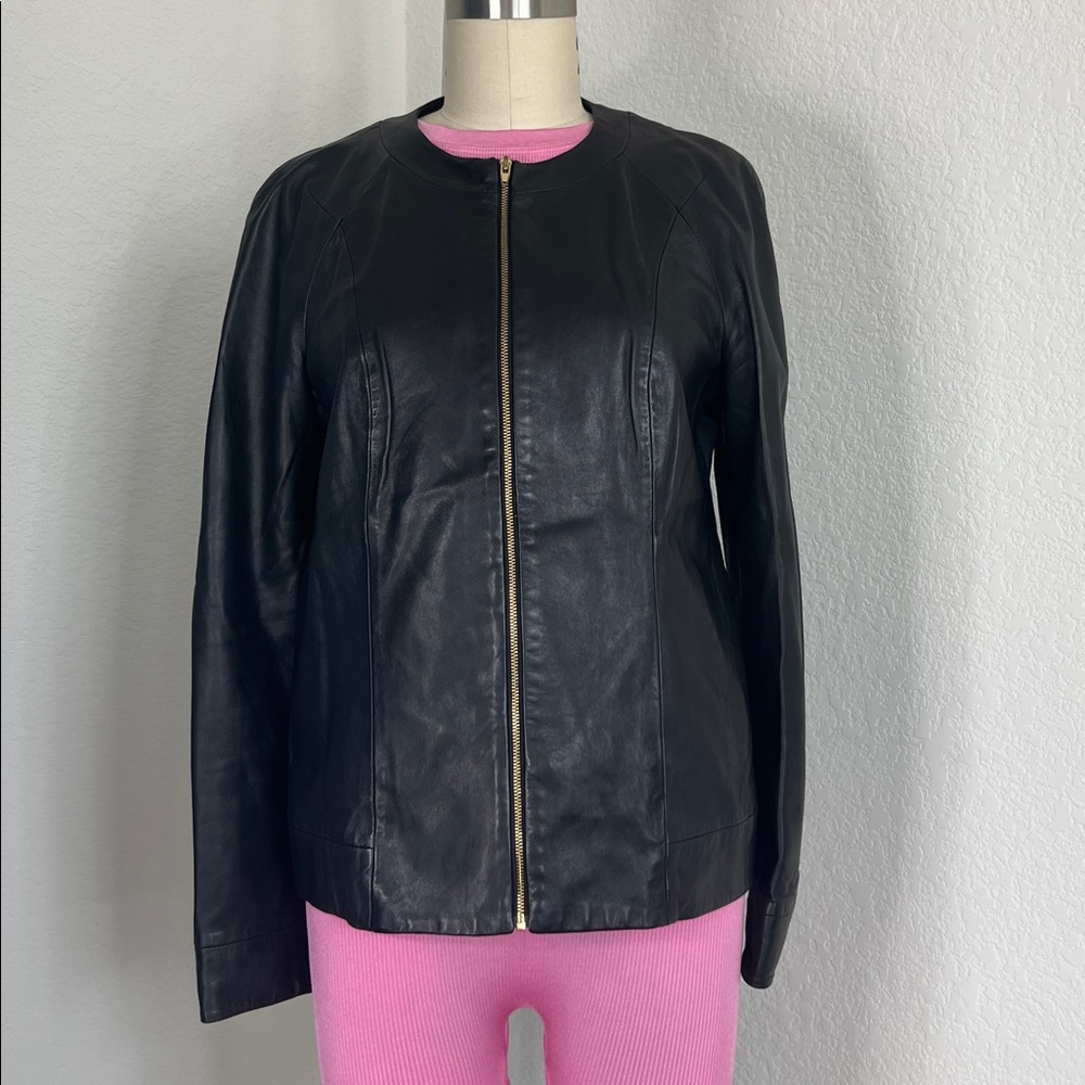 T by Alexander Wang Black Leather Round Collarless Zip Jacket